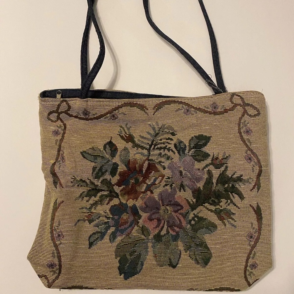 Floral Print Cross Stitch Vintage Tote Purse